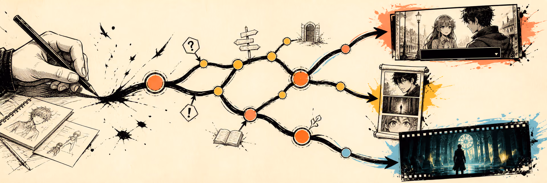A hand-drawn branching story route becoming Visual Novel, Webtoon, and FMV frames