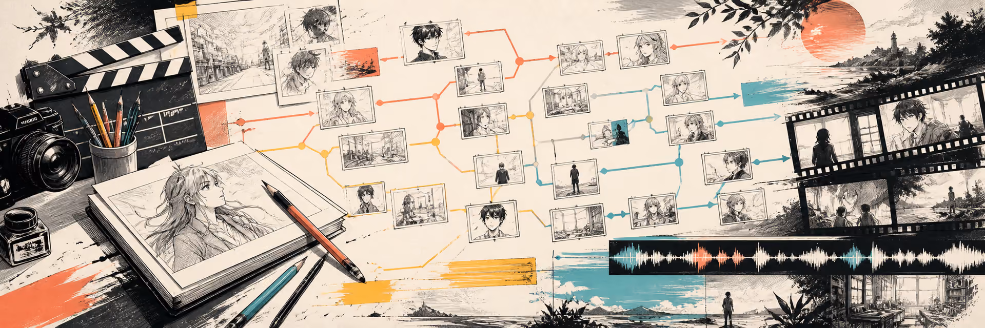 A hand-drawn story graph connecting character sketches, film frames, and audio